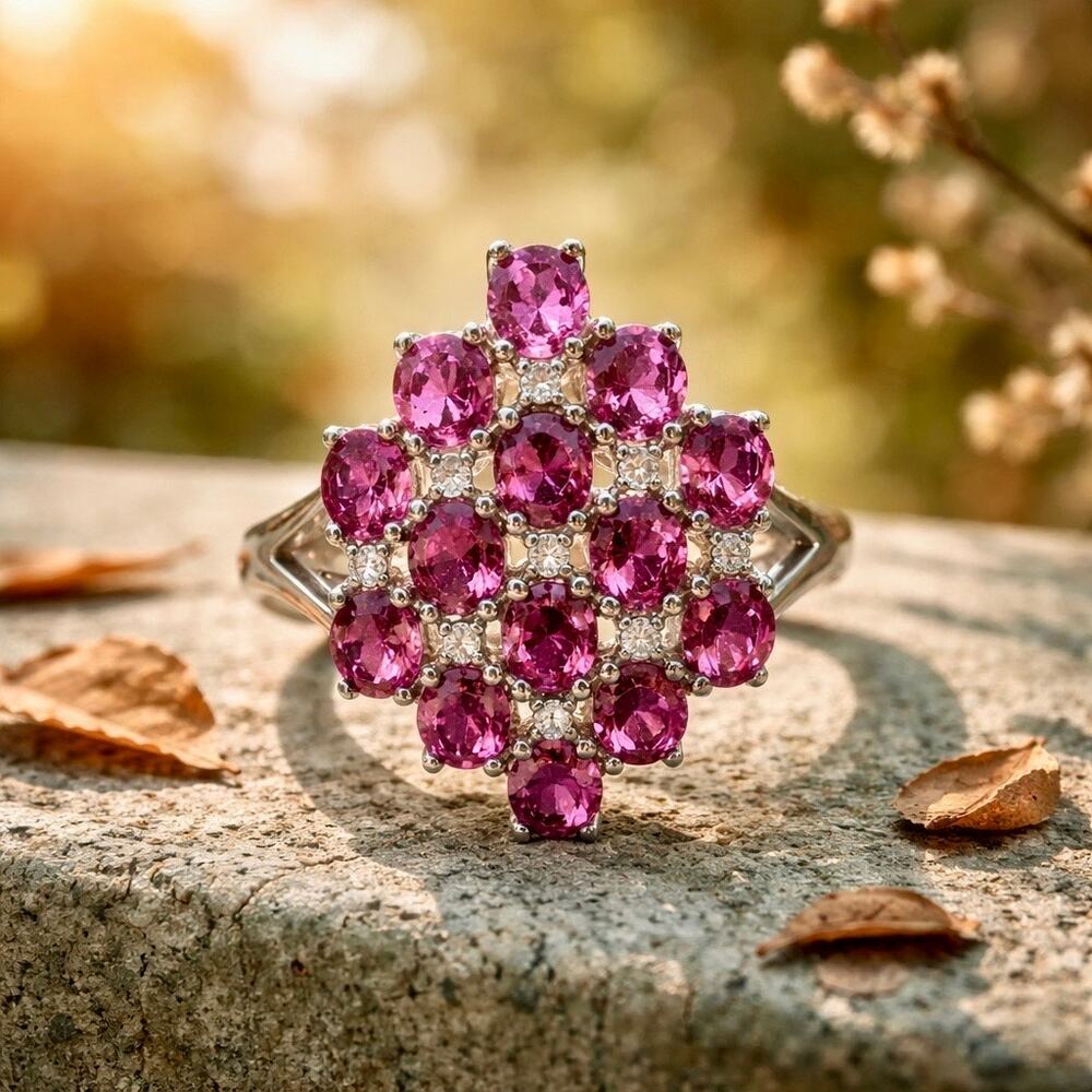 Vintage Pink Sapphire  Cluster Ring Sterling Silver Size 12